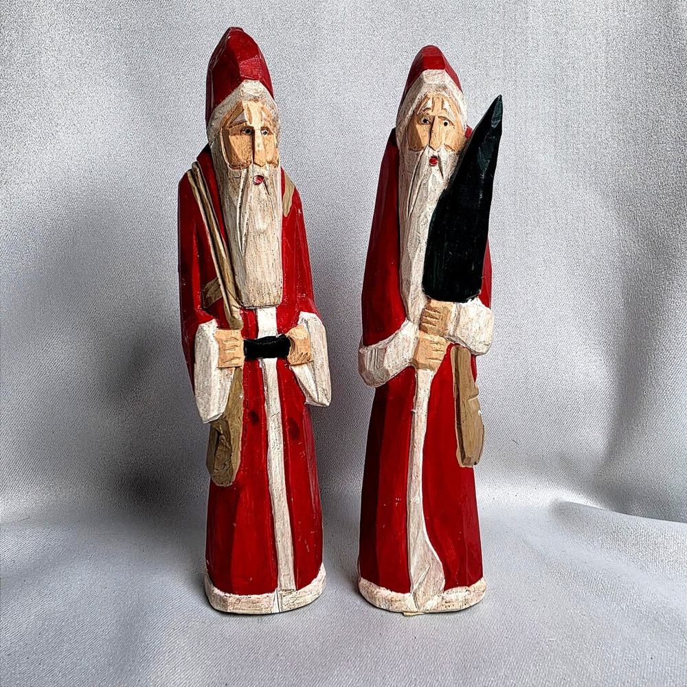 Vintage 1990s Hand Carved Wood Santa Claus Figurines Set of 2 Folk Art Christmas